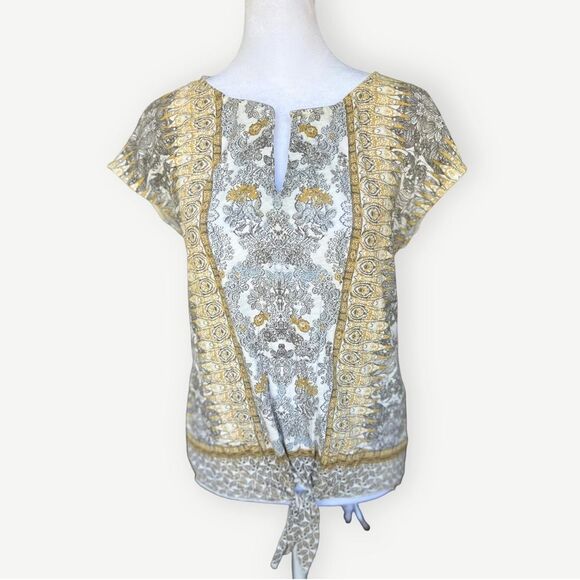 Lucky Brand Short Sleeve Multicolored Abstract Tie Front Top Blouse. Small. - Picture 2 of 8